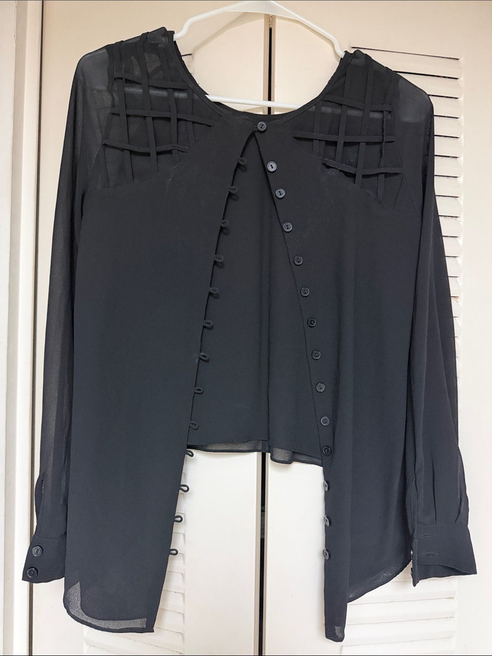Source Unknown Black Sheer Lattice Yoke Button-Front Blouse